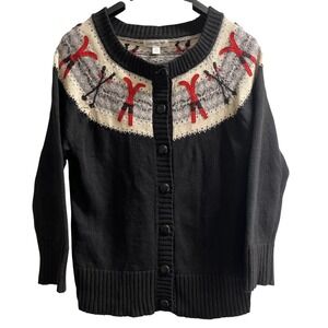 Coldwater Creek Cardigan Black Ski Embroidered Button Down Size L Cabin Winter